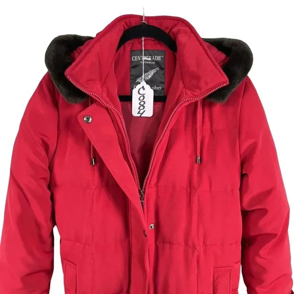 Centigrade Womens XS Down Red Jacket Removable Faux Fur Hood Long Quilted Coat - Picture 16 of 16